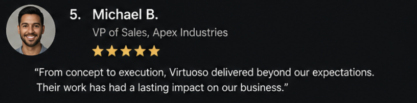 Testimonial from Michael B., rating 5 stars, praising exceptional service and impact on business.